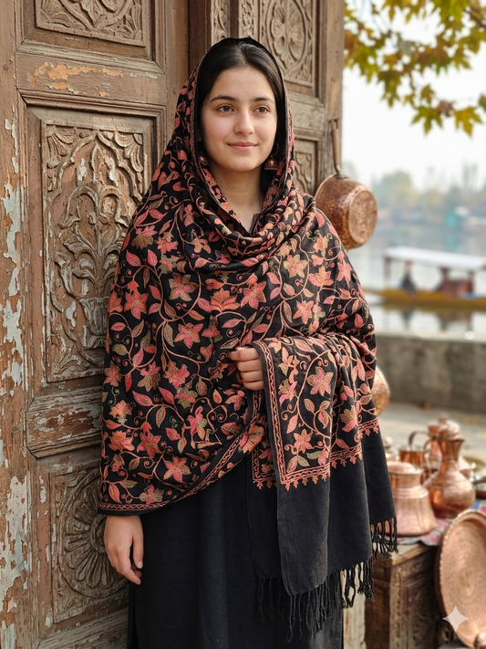 Premium Black Floral Embroidered Pashmina Shawl for Women | Kashmiri Style Winter Wrap | Soft Warm Luxury Shawl