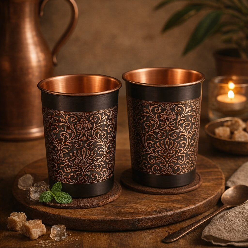 Handcrafted Engraved Copper Glass Set of 2 – Antique Black Finish with Floral Design | Pure Copper Tumblers for Ayurvedic Water