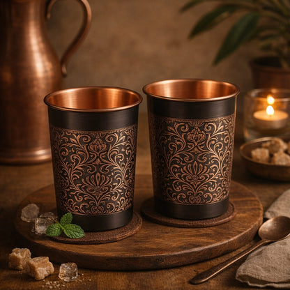 Handcrafted Engraved Copper Glass Set of 2 – Antique Black Finish with Floral Design | Pure Copper Tumblers for Ayurvedic Water