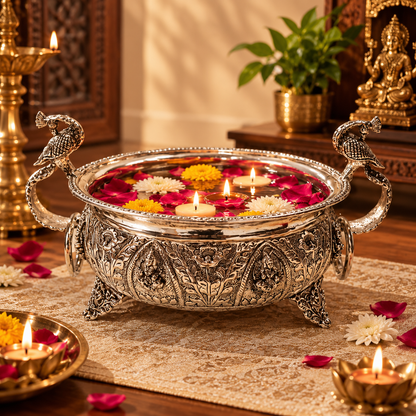Silver Plated Peacock Handle Astalakshmi Urli Bowl – Handcrafted Floating Flower & Diya Decor with Lakshmi Motif Carvings