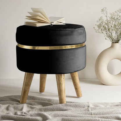 Velvet Sitting Stool for Home & Office | Wooden Ottoman Footrest & Sofa Side Stool – Black, set of 2