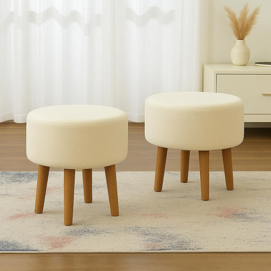Ottoman Stool Set of 2 | 15-Inch Puffy Pouffe for Living Room Seating | Soft Upholstered Ottoman | Off-White