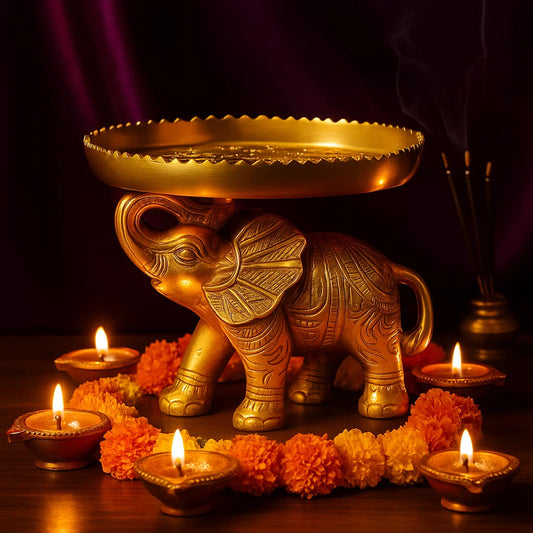 Decorative Gold Elephant Centerpiece, Metal Table Decor with Ornate Design, Traditional Indian Style Serving Platter