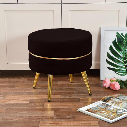 Metallic Living Room Stool with Four Golden Legs | Black Ottoman Seating Pouffe, Puffy Footstool for Home Décor, set of 2