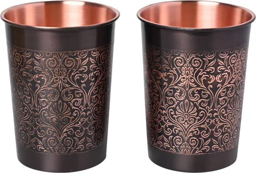 Handcrafted Engraved Copper Glass Set of 2 – Antique Black Finish with Floral Design | Pure Copper Tumblers for Ayurvedic Water