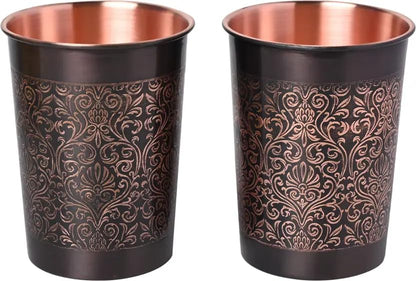 Handcrafted Engraved Copper Glass Set of 2 – Antique Black Finish with Floral Design | Pure Copper Tumblers for Ayurvedic Water