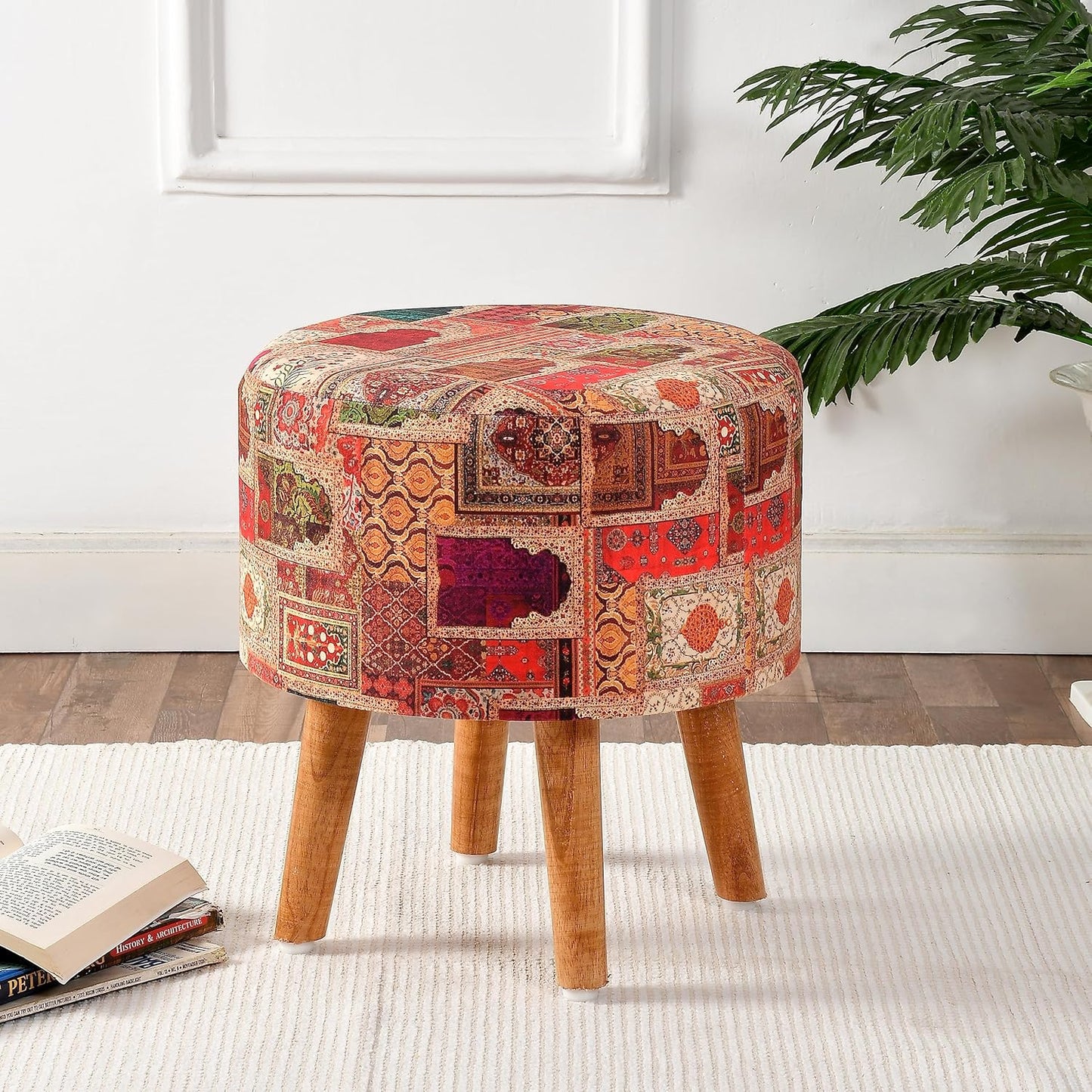 Printed Pouffe Sitting Stool for Living Room & Office | Puffy Foam Footrest Pouf – 16×16×17 Inches, Orange, single