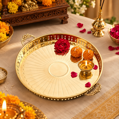 Handcrafted Brass Pooja Thali with Handles – Round Puja Plate with Perforated Jali Border & Sunburst Design - 12 inch