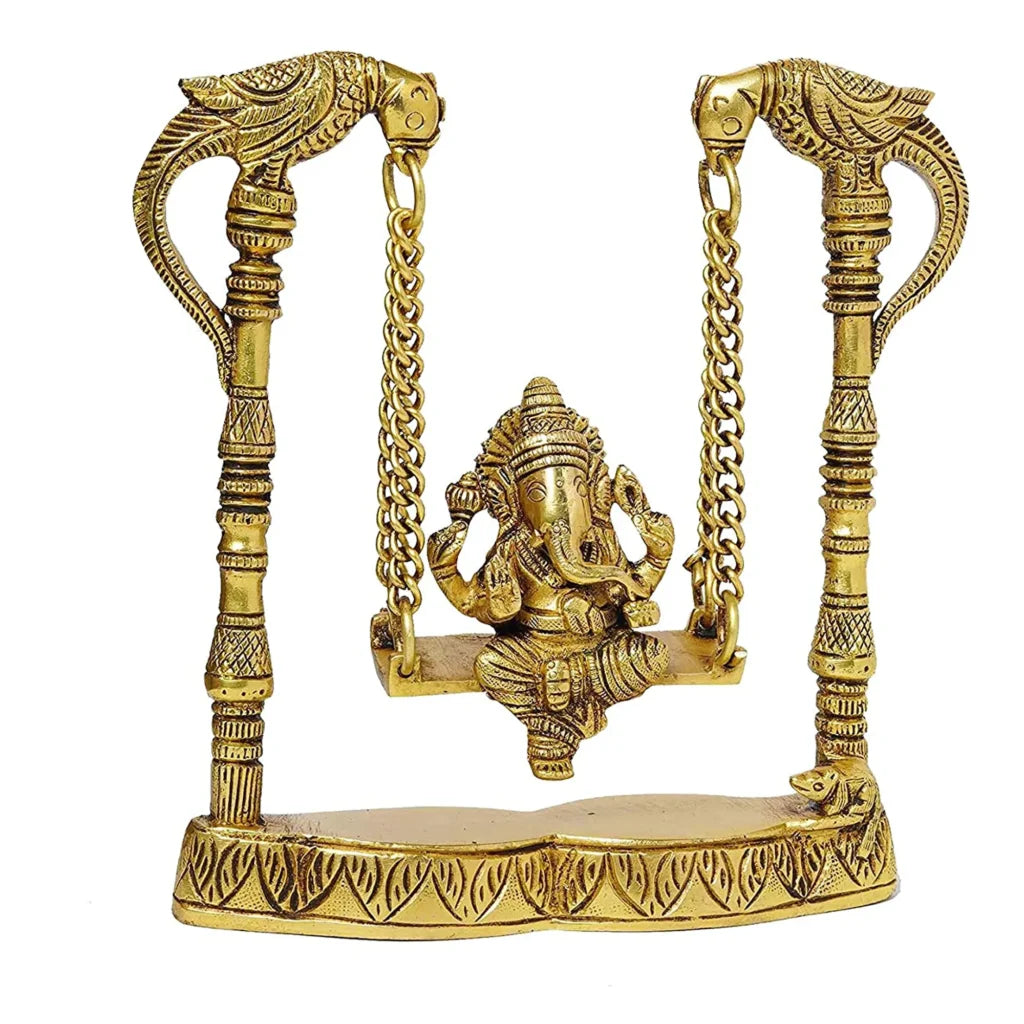 8" Brass Ganesh Swing Statue | Parrot & Mouse Columns | Home Decor | Gold