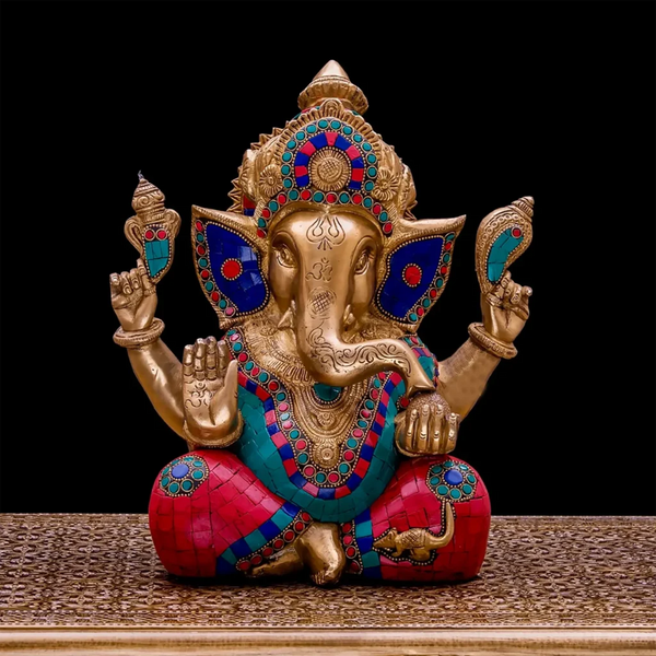Large Brass Ganesha Statue with Mosaic | 10" Elephant God Figure - JAIN ART VILLA