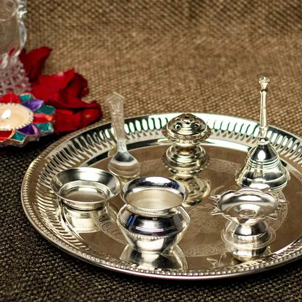 Silver Pooja / Bhog Thali Set with Gift Box