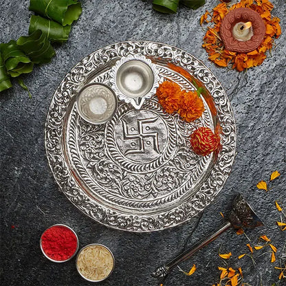 Silver Decorative Puja Thali with Ghungroo