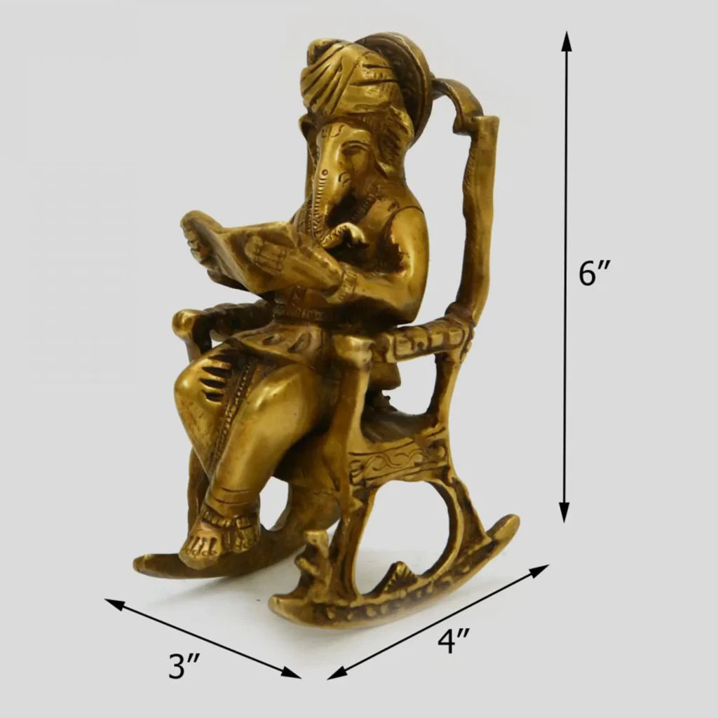 Elegant Brass Ganesha Reading Book on Chair/Brass Ganesha Sitting on Chair Statue