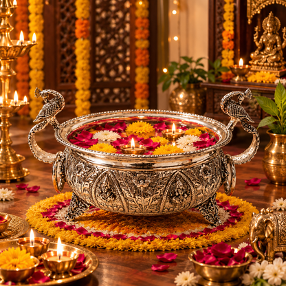 Silver Plated Peacock Handle Astalakshmi Urli Bowl – Handcrafted Floating Flower & Diya Decor with Lakshmi Motif Carvings