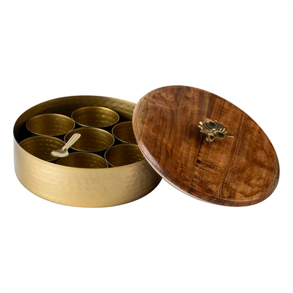 Lotus  Themed Dark Wooden Brass Masala Box