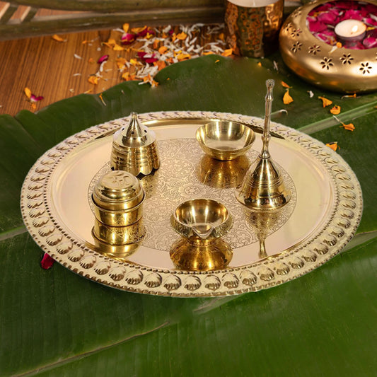 Engraved Brass Pooja Thali Set