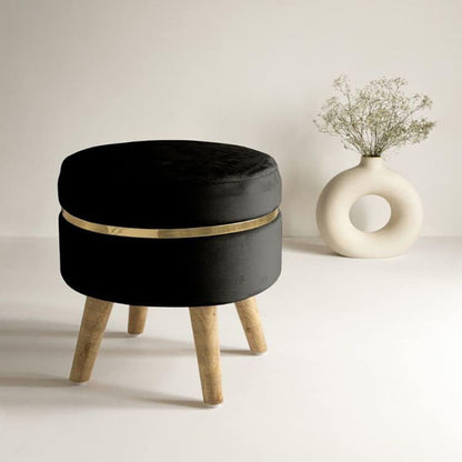 Velvet Sitting Stool for Home & Office | Wooden Ottoman Footrest & Sofa Side Stool – Black, set of 2