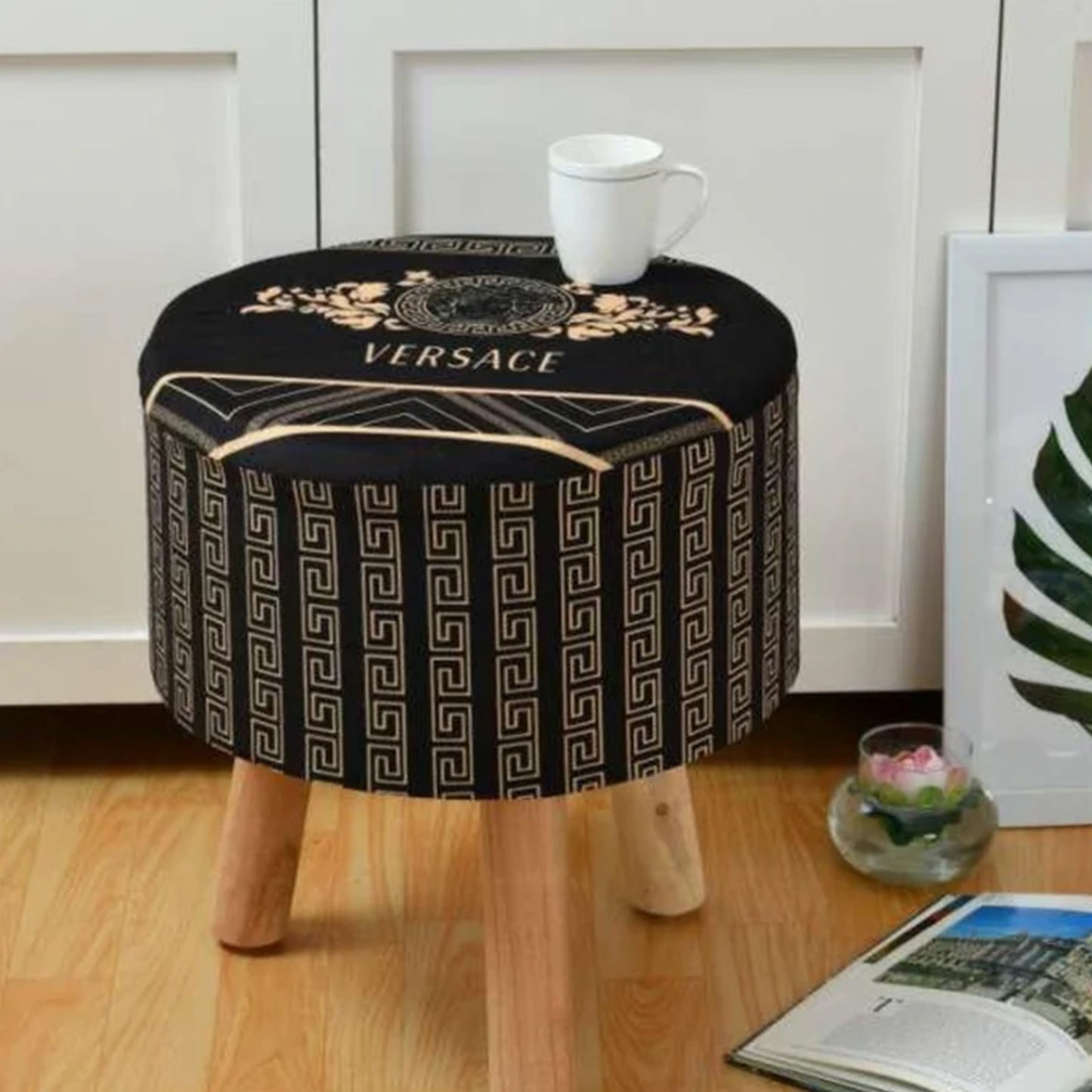 Printed Pouffe Sitting Stool for Living Room & Office | Puffy Foam Footrest Pouf – 16×16×17 Inches, Black Versace, set of 2