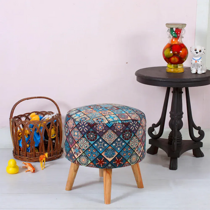 Printed Pouffe Sitting Stool for Living Room & Office | Puffy Foam Footrest Pouf – 16×16×17 Inches, Blue, single