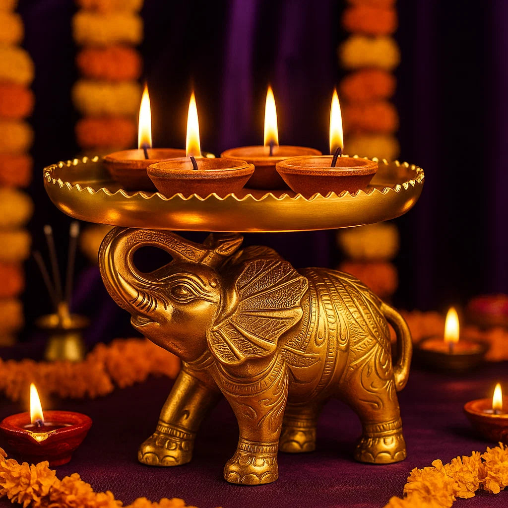 Decorative Gold Elephant Centerpiece, Metal Table Decor with Ornate Design, Traditional Indian Style Serving Platter