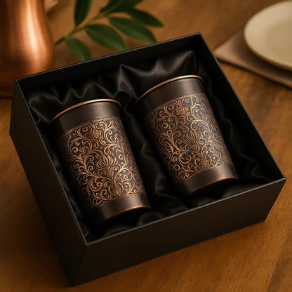 Handcrafted Engraved Copper Glass Set of 2 – Antique Black Finish with Floral Design | Pure Copper Tumblers for Ayurvedic Water