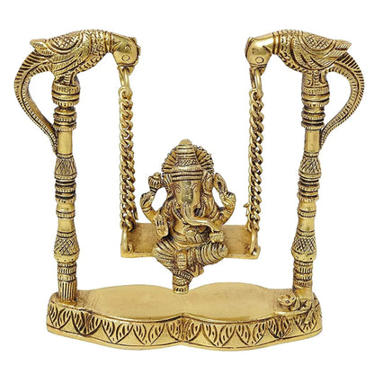 8" Brass Ganesh Swing Statue | Parrot & Mouse Columns | Home Decor | Gold