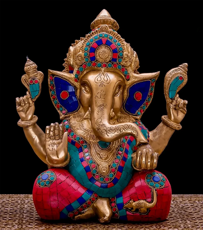 Large Brass Ganesha Statue with Mosaic | 10" Elephant God Figure