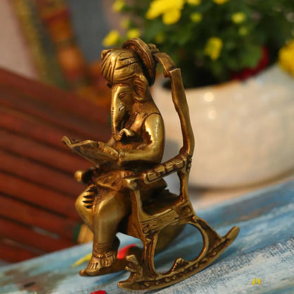 Elegant Brass Ganesha Reading Book on Chair/Brass Ganesha Sitting on Chair Statue