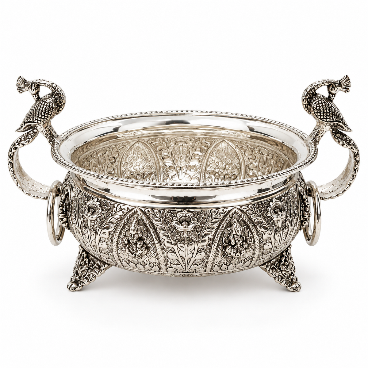 Silver Plated Peacock Handle Astalakshmi Urli Bowl – Handcrafted Floating Flower & Diya Decor with Lakshmi Motif Carvings