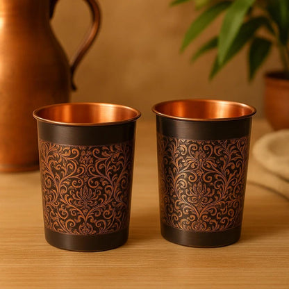 Handcrafted Engraved Copper Glass Set of 2 – Antique Black Finish with Floral Design | Pure Copper Tumblers for Ayurvedic Water