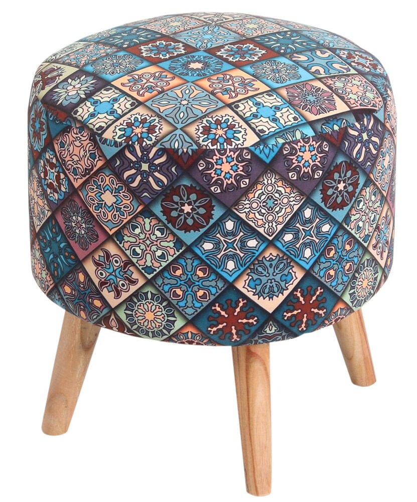 Printed Pouffe Sitting Stool for Living Room & Office | Puffy Foam Footrest Pouf – 16×16×17 Inches, Blue, single