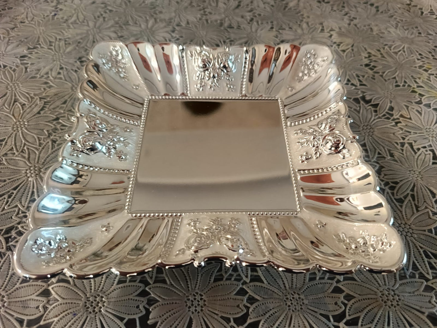Premium German Silver Meenakari Decorative Tray – Square Serving Tray for Dry Fruits, Pooja & Festive Gifting