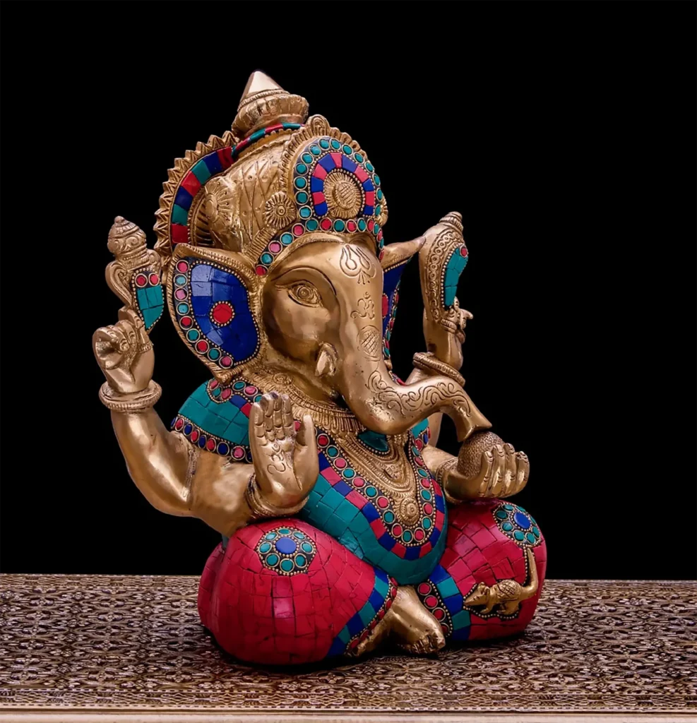 8" Brass Ganesha Statue with Mosaic | Elephant God of Good Luck