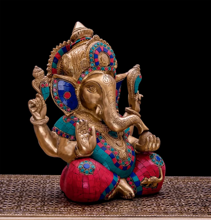 Large Brass Ganesha Statue with Mosaic | 10" Elephant God Figure