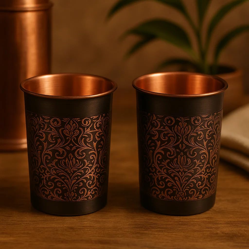 Handcrafted Engraved Copper Glass Set of 2 – Antique Black Finish with Floral Design | Pure Copper Tumblers for Ayurvedic Water