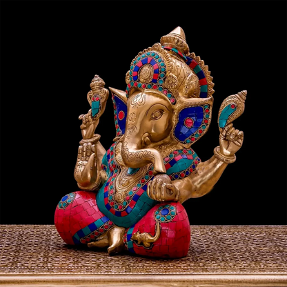 8" Brass Ganesha Statue with Mosaic | Elephant God of Good Luck