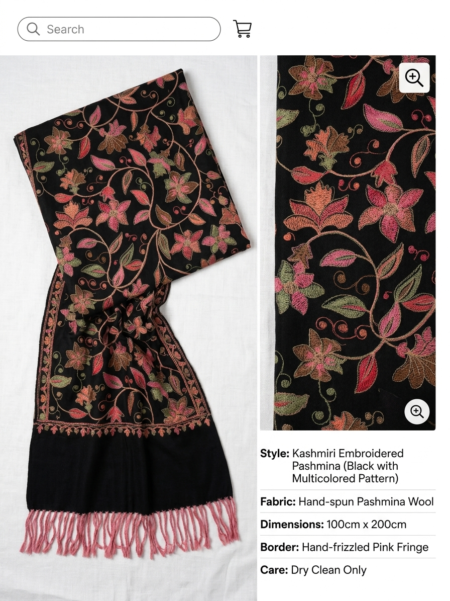 Premium Black Floral Embroidered Pashmina Shawl for Women | Kashmiri Style Winter Wrap | Soft Warm Luxury Shawl