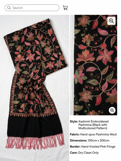 Premium Black Floral Embroidered Pashmina Shawl for Women | Kashmiri Style Winter Wrap | Soft Warm Luxury Shawl