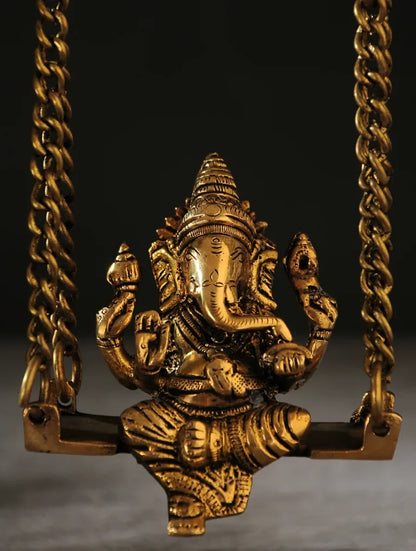 8" Brass Ganesh Swing Statue | Parrot & Mouse Columns | Home Decor | Gold