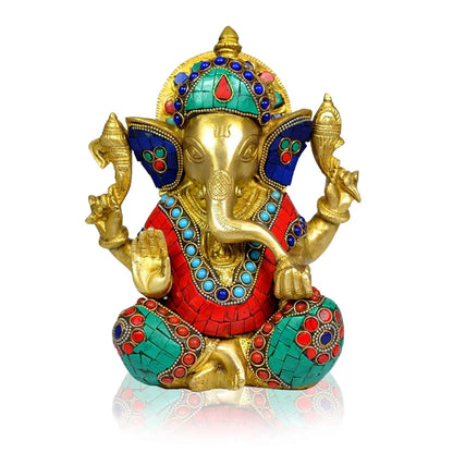 8" Brass Ganesha Statue with Mosaic | Elephant God of Good Luck