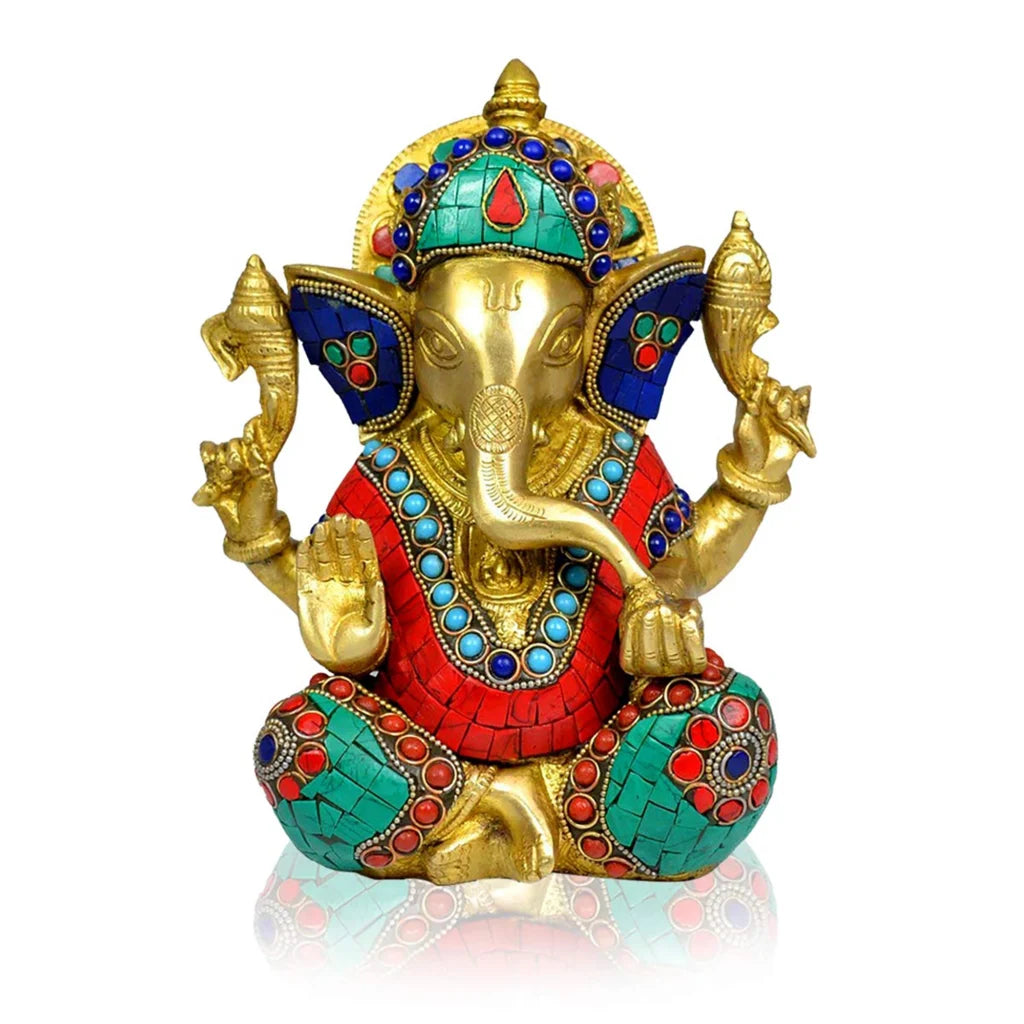 Large Brass Ganesha Statue with Mosaic | 10" Elephant God Figure