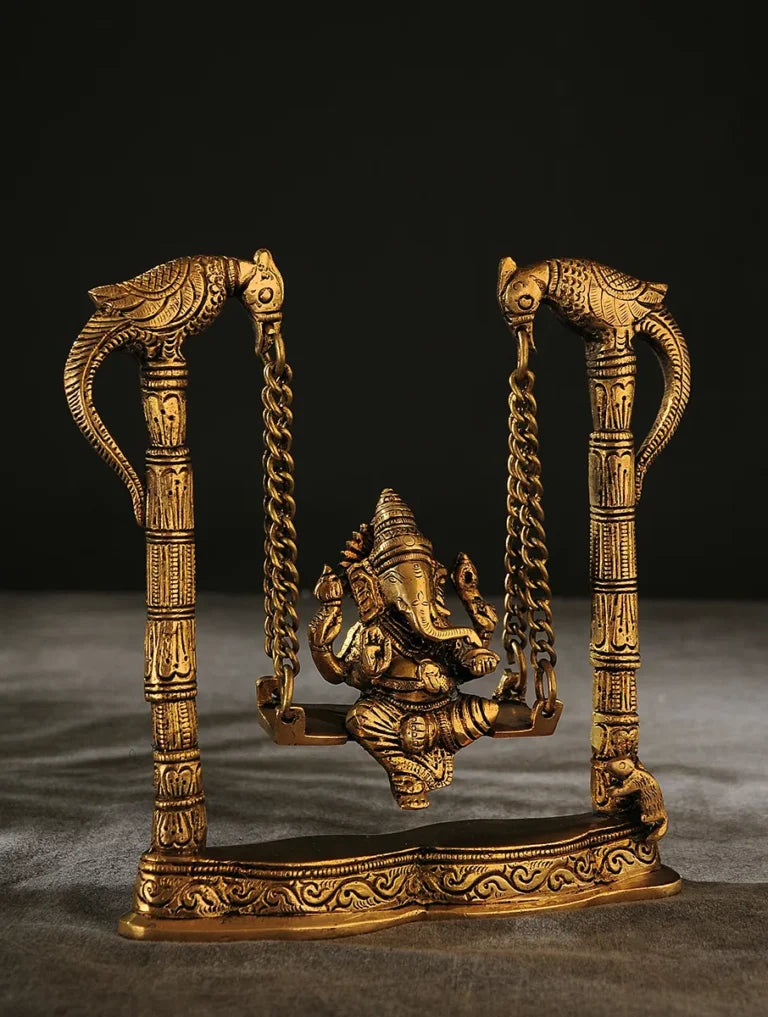 8" Brass Ganesh Swing Statue | Parrot & Mouse Columns | Home Decor | Gold