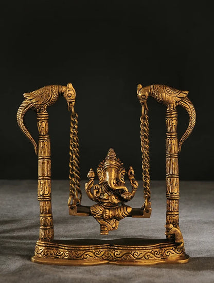 8" Brass Ganesh Swing Statue | Parrot & Mouse Columns | Home Decor | Gold