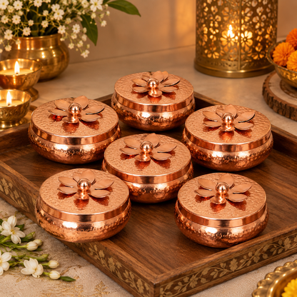 Scented Candles Set of 6 with Floral Lids – Gold Hammered Tins, Festive Gift Set, Copper Finish