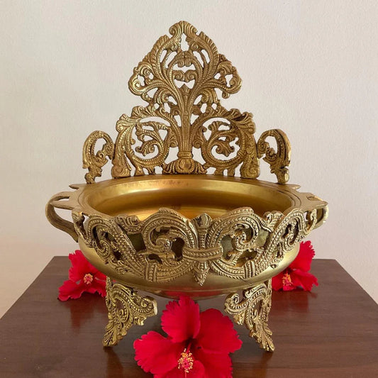 Traditionally carved Gold Brass Urli With Stand