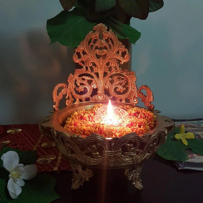 Traditionally carved Gold Brass Urli With Stand