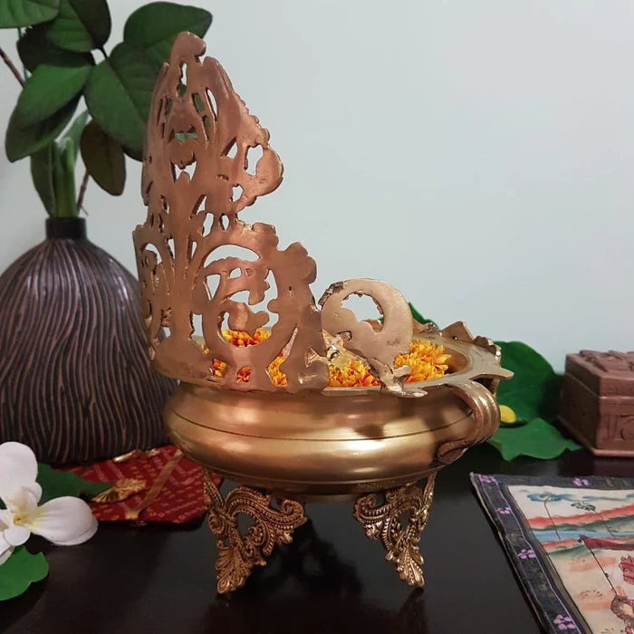 Traditionally carved Gold Brass Urli With Stand