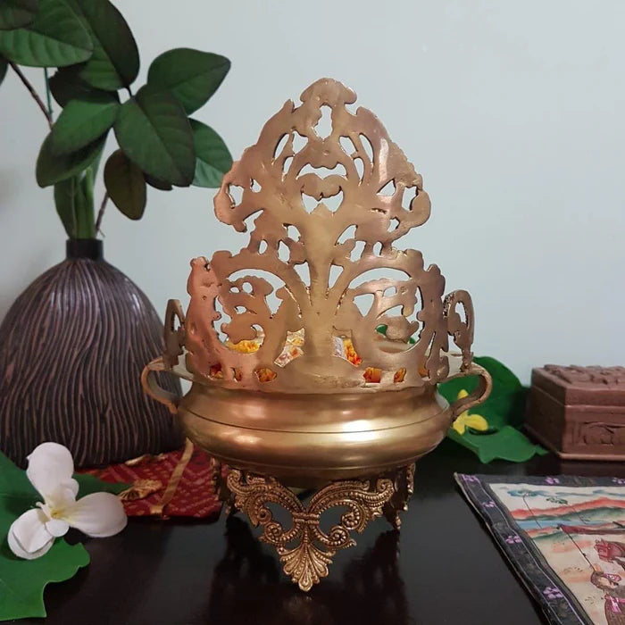 Traditionally carved Gold Brass Urli With Stand