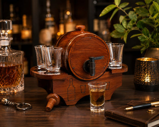 Wooden Barrel Decanter with 6 Whiskey Glasses