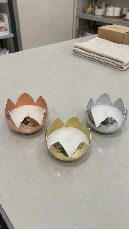 Hammered Lotus Candle Holder – Set of 3 | Copper, Brass & Silver Finish